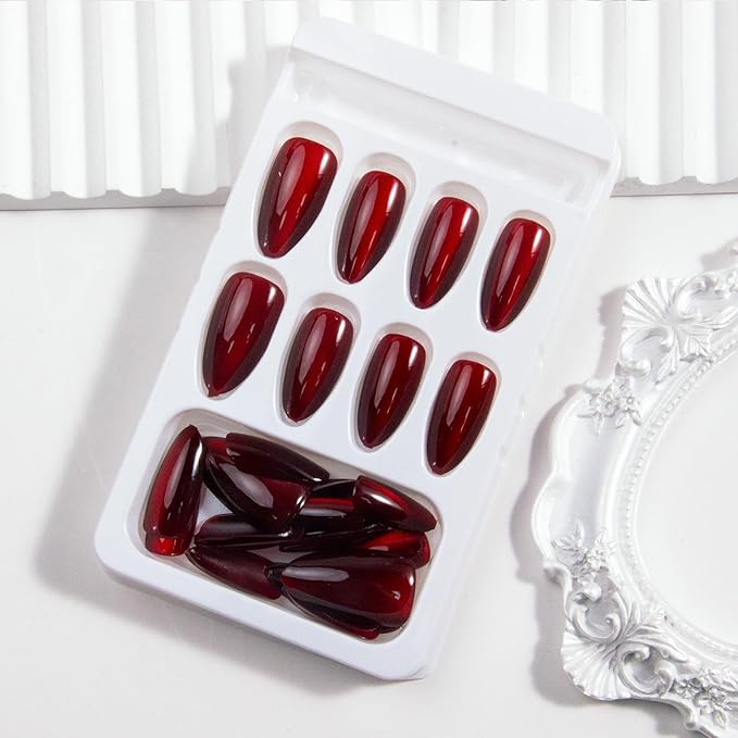 30Pcs Wine Red Press on Nails Short Almond Fake Nails Cat Eye Acrylic Nails Glossy Shiny False Nails Jelly Design Red Full Cover Glue on Nail Press on for Women Girls Manicure & Nail Art