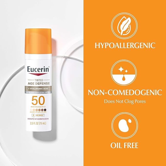 Eucerin Sun Tinted Age Defense SPF 50 Face Sunscreen Lotion, Hypoallergenic, Fragrance Free Tinted Sunscreen SPF 50 with Hyaluronic Acid, 2.5 Fl Oz Bottle