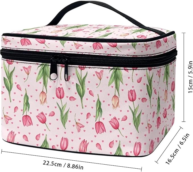 Pink Tulip Floral Heart Print Travel Makeup Bags for Women Portable Tote Cosmetic Case with Carry Handle Toiletry Accessories Storage Organizer Bags for Valentine's Day Mother's Day