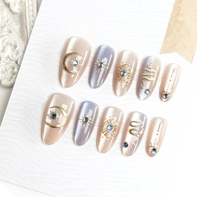 30pcs Purple Press on Nails Short Almond Fake Nails with 3D Snake Star Moon Designs Blue Diamond Glue on Nails Stars False Nails Bohemia Acrylic Nails Full Cover Stick on Nails for Women