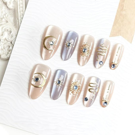30pcs Purple Press on Nails Short Almond Fake Nails with 3D Snake Star Moon Designs Blue Diamond Glue on Nails Stars False Nails Bohemia Acrylic Nails Full Cover Stick on Nails for Women