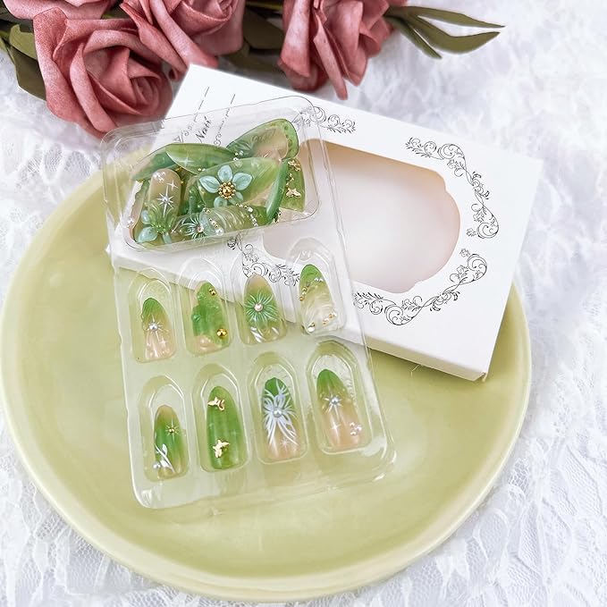 30pcs Green Press on Nails Medium Almond Fake Nails With 3D Flower Pearl Rhinestone Design Gold Beads Butterfly False Nails Star Glue on Nails 3D Summer Floral Full Cover Stick on Nails for Women