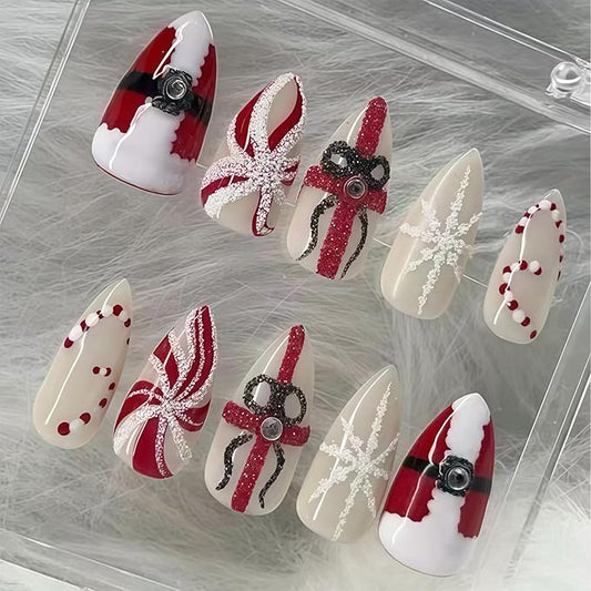 30Pcs Christmas Press on Nails Almond Fake Nails with Santa Claus Gift Designs Snowflake Candy Cane False Nails Red White Stripes Artificial Glue on Nail Holiday Stick on Nail for Women