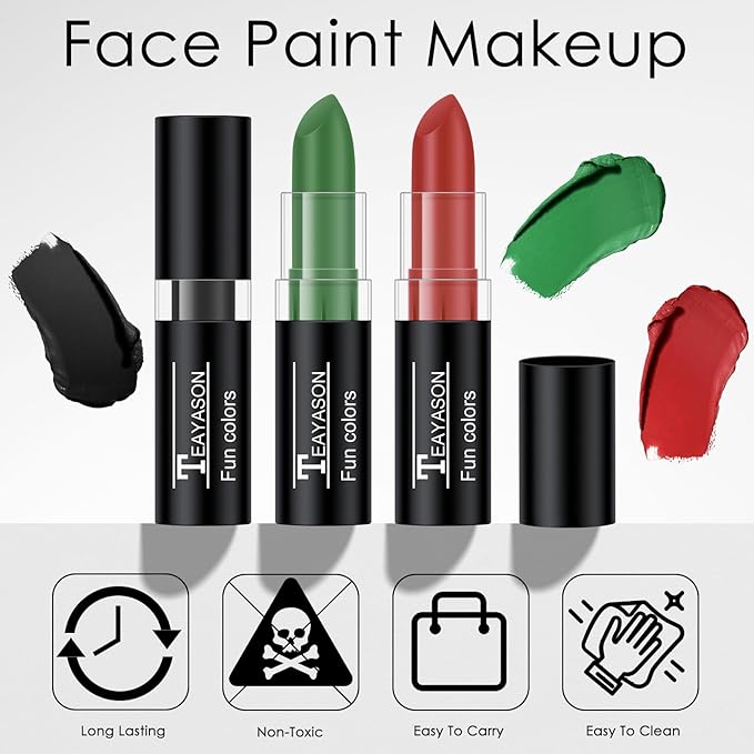 3 Colors Red Black Green Body Paint Sticks, Eye Black Baseball Sticks for Baseball/Football/Halloween/Costume Parties Accessories Vampire/Witch/Clown Makeup Face & Body Paint