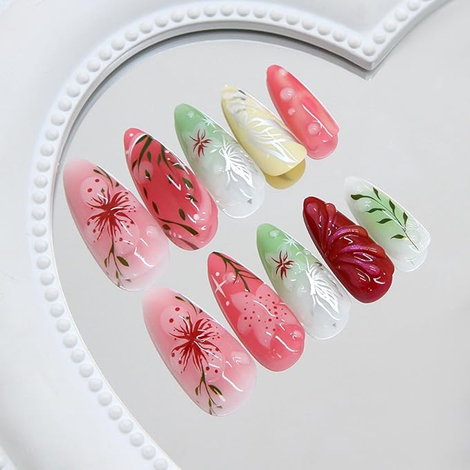 24pcs Colorful Flowers Press on Nails Medium Almond Fake Nails Art Summer False Nails with Flower Butterfly Design Almond Nails Glossy Full Cover Acrylic Artificial Nail Fingernails for Women