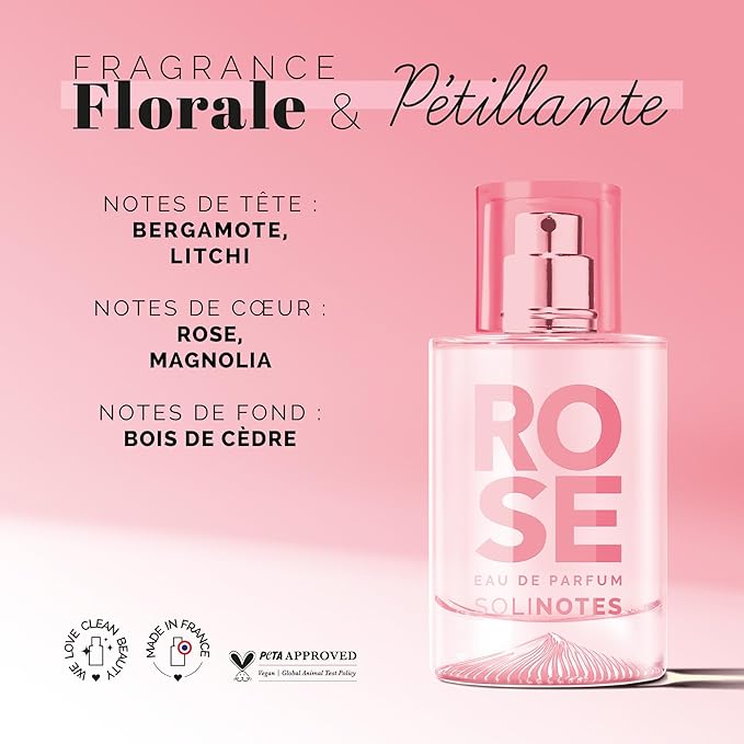 Solinotes Rose Perfume for Women, 1.7 Fl Oz/ 50 ML Eau De Parfum, Delicate Floral and Soothing Scent with Premium Ingredients - Clean Perfume, Cruelty Free, Vegan, Made in France
