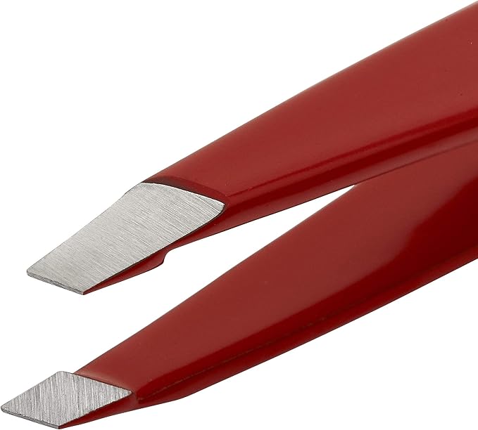 Slant Tweezer - Handmade in Switzerland - Professional Eyebrow & Facial Hair Remover - Etched Interior Grabs Hair from The Root - Perfectly Aligned Tips - Stainless Steel, Red