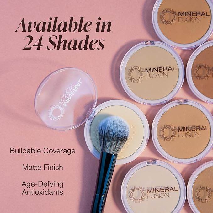 Mineral Fusion Pressed Powder Foundation, Warm 3 - Med/Tan Skin w/Yellowish Undertones, Age Defying Foundation Makeup with Matte Finish, Talc Free Face Powder, Hypoallergenic, Cruelty-Free, 0.32 Oz