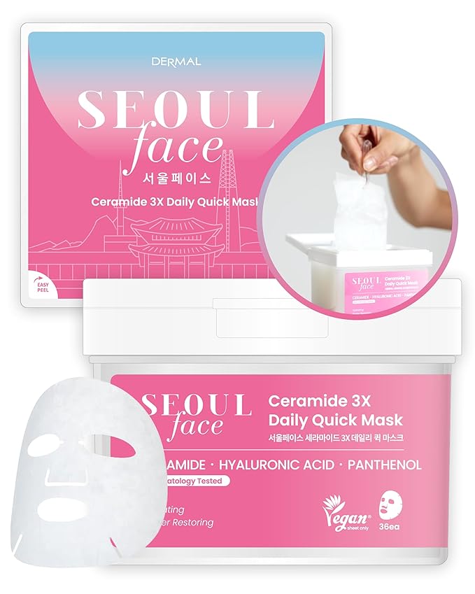 DERMAL Seoul Face Ceramide 3X Daily Quick Mask 36 Sheet – Korean Skincare Vegan Tencel Facial Masks - Intensive Moisturizing, Elasticity Mask Sheets with Hyaluronic Acid, Panthenol, Adenosine