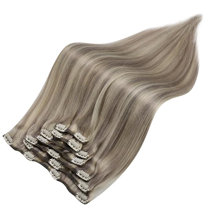 Full Shine Blonde Highlights Human Hair Extensions Clip ins 20 Inch Gray Highlights Platinum Blonde Remy Hair Clip in Extensions Silky Long Straight 120 Grams