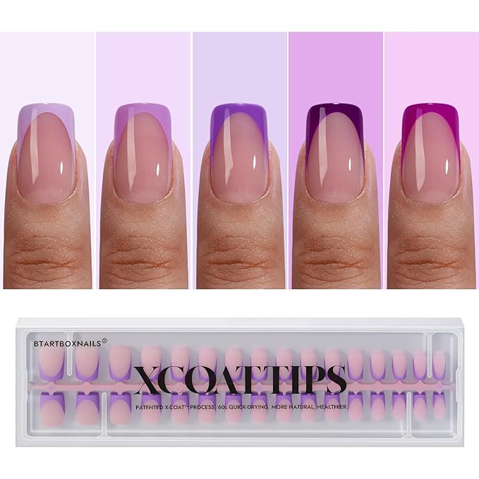 BTArtboxnails XCOATTIPS Purple French Tip Press On Nails - Short Press On Nails Square, Soft Gel Nail Tips, 160Pcs Soak Off Acrylic Pink Fake Nail Extension in 16 Sizes