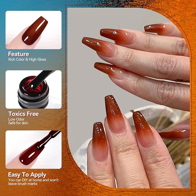 Born Pretty Jelly Gel Nail Polish, Sheer Transparent Crystal Gel Nail Polish, Christmas Brown Red Orange Green Blue Fall Winter Soak off Nail Polish Manicure DIY Home Salon Christmas Gift 7ml 6colors