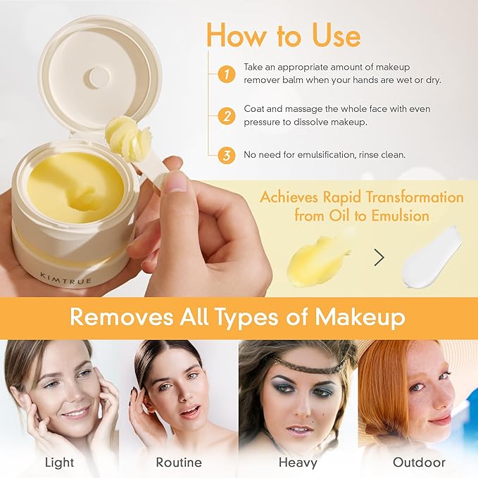 Kimtrue 3rd Generation Meltaway Cleansing Balm - Makeup Remover Balm for All Skin Types - Gently Meltaway Mascara, Eyeliner and Makeup - Oil Face Cleanser - Hydrating, Fragrance-Free - 3.38 oz