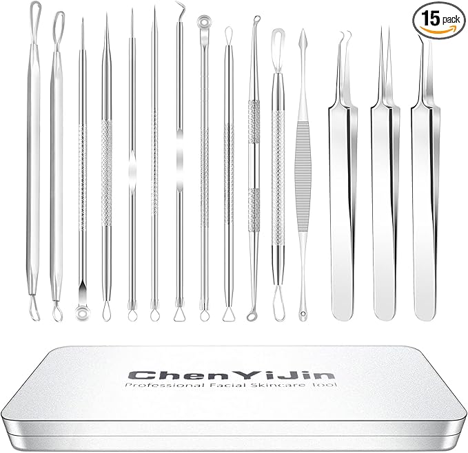15 PCS Blackhead Remover Pimple Popper Tool Kit,Black Head Removal Extractor for Acne Comedone Whitehead Popping Zit Blemish Facial Skin Care Tools with Metal Case