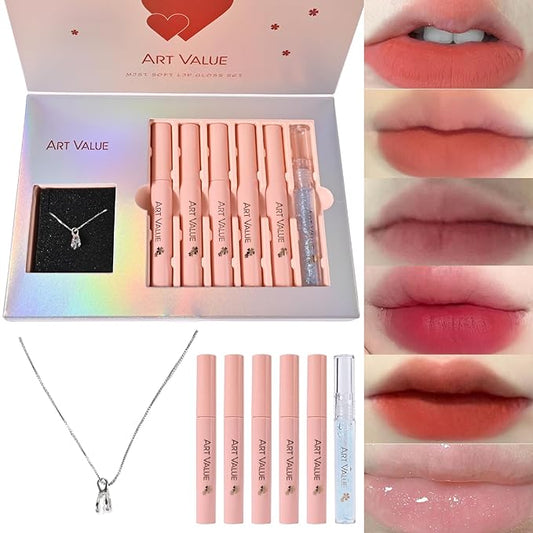 Christmas Gift for Women, 7 Pcs Gift Box Set Include Matte Lipstick, Lip Balm and Necklace, Easy to Match with Different Makeups, Birthday，Valentine's Day Makeup Set Gift for Girls-07
