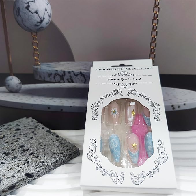 3D Sea Waves Press on Nails Glossy Blue Gradient Stick on Nail French Tips Medium Almond False Nail 24Pcs Flower Gel Glue on Fingernails Acrylic Full Cover Fake Nails for Holiday Manicure Art