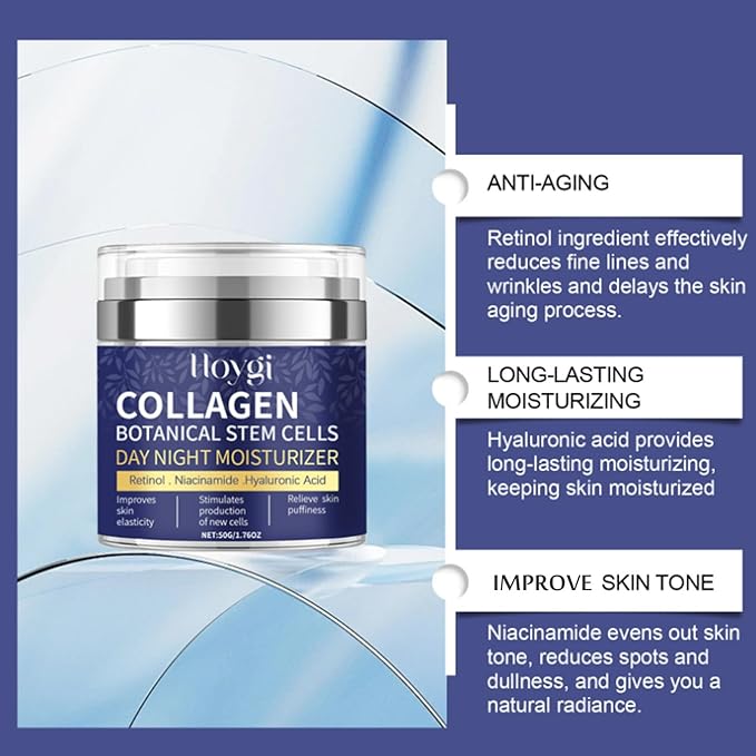 Collagen Face Moisturizer with Airless Pump - Collagen Botanical Stem Cells Cream for Skin with Retinol, Niacinamide, Hyaluronic Acid - Anti-Aging Day & Night Cream, 1.8 OZ