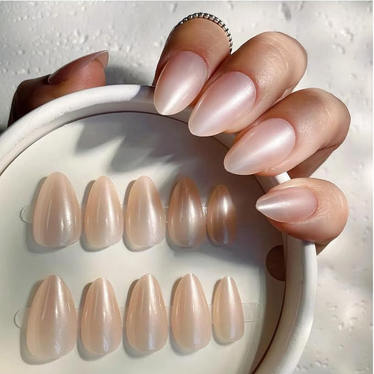 30PCS Short Almond Press-On Nails – Nude Shell Gloss Fake Nails with 15 Sizes, Soft Back Edge & Durable Tip, No Measuring Needed, Reusable Stick-On Nail Tips with Glue & Tools for Women
