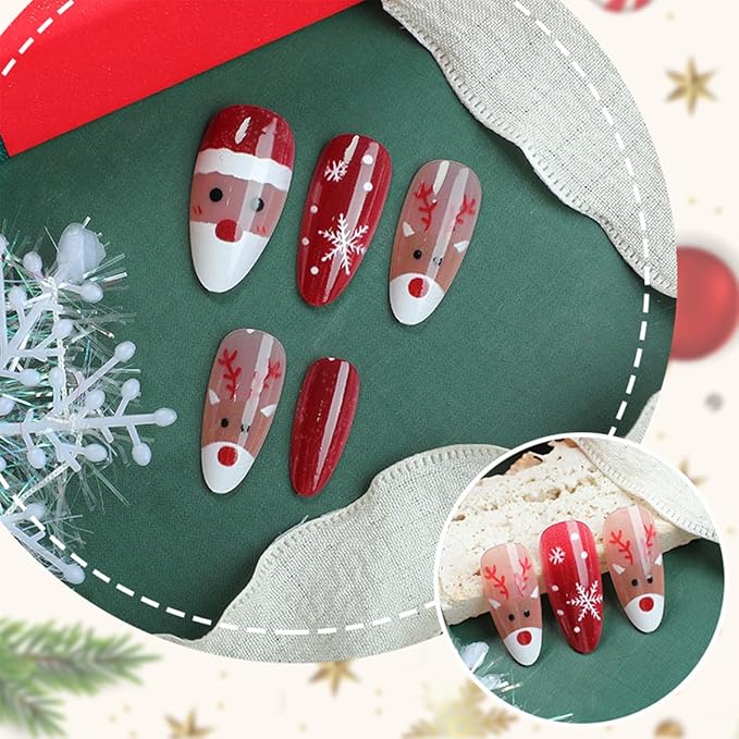 24Pcs Christmas Press on Nails Almond Medium, NEWSPIED Cute Santa Claus Elk Fake Nails with Snowflakes Design Red Shiny Christmas False Nails Reusable Holiday Artificial Nails for Women Girls Manicure
