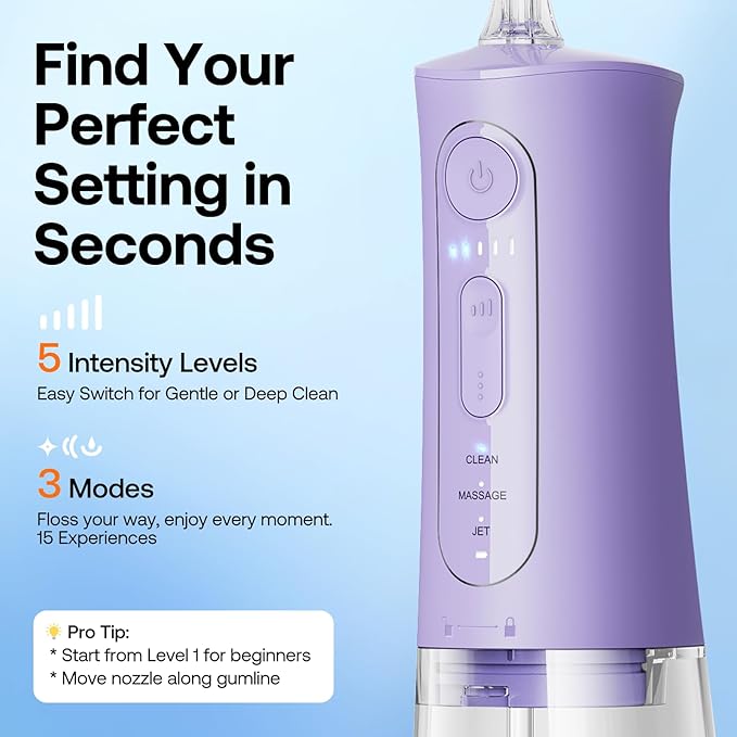 Bitvae Water Dental Flosser Teeth Pick, Portable Water Teeth Cleaner Picks, IPX7 Waterproof Oral Irrigator, 3 Modes 5 Intensities, USB Rechargeable Water Dental Picks for Cleaning - Lavender