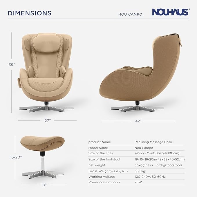 Nouhaus NOU Campo Heated Massage Chair,Full Body Massaging Zero-Gravity Leisure Recliner with Low-Noise 3D Massage and Dual Sound Systems Modern Massage Chairs (Mellow Sand)