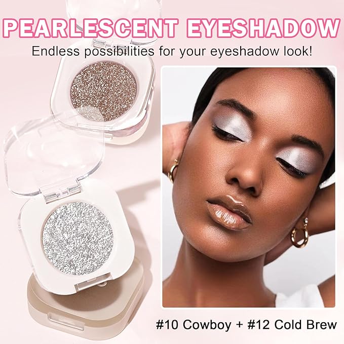 Glitter Champagne Pearl and Metallic Silver Single Eyeshadow,Ultra Fine Shimmer Eyeshadow Lightweight Sparkling Blendable Formula,Daily Multiuse Glossy Eyes Makeup (10 Cowboy + 12 Cold Brew)