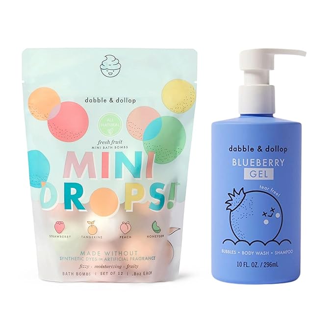 Dabble & Dollop Fresh Fruit Mini Bath Bombs & Blueberry Shampoo, Body Wash, Bubble Bath for Kids - All Natural Fruity Scents, Resealable Pouch, Vegan, Gluten-Free, Cruelty-Free (Pack of 2)