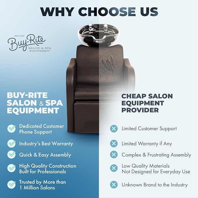 Buy-Rite Lexus Backwash Unit – Espresso Salon Shampoo Chair with Tilting Porcelain Bowl, Extra Wide Seat, Kick-Out Leg Rest, European-Style Faucet, Model TS-8018B