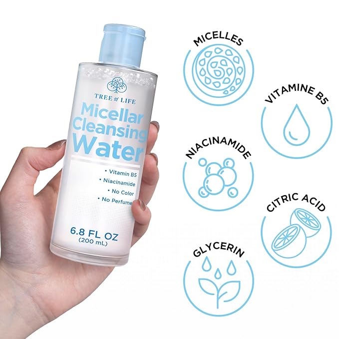 Tree of Life Beauty Micellar Cleansing Water (6.8fl oz) - Micellar Water Makeup Remover with Niacinamide, Vitamin B5, Glycerin - Eye Makeup Remover Liquid, No Rinse Needed