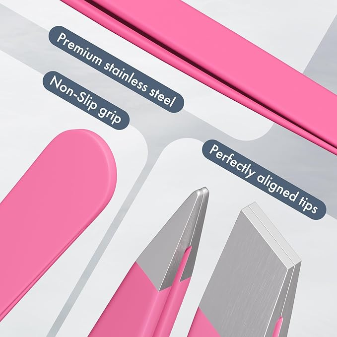 Tweezers for Women Facial Hair, Slant & Pointed Tweezers for Eyebrows, Ingrown Hair, Splinter Removal, 2 Pack Tweezer Set, Professional Stainless Steel Eyebrow Tweezers for Men and Women, Pink