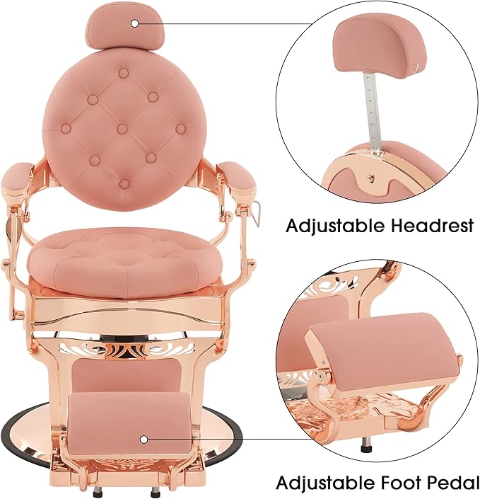 BarberPub Heavy Duty Metal Vintage Barber Chair All Purpose Hydraulic Recline Salon Beauty Spa Chair Styling Equipment 8914 (Pink with Pink Frame)