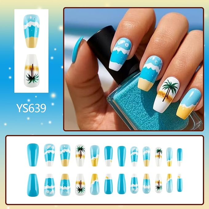 Summer Press on Nails Medium Square Fake Nails with Designs Sea wave Ocean False Nails Blue Glossy Full Cover Acrylic Nails Coconut Tree Glue on Nails Artificial Stick on Nails for Women 24 Pcs