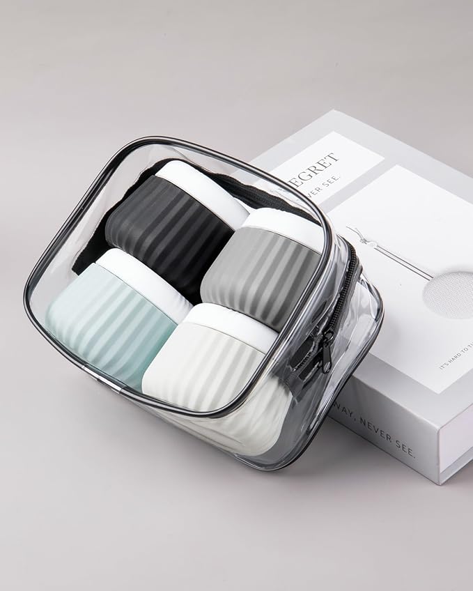 Travel Containers for Toiletries 4 Pack, TSA Approved Travel Size Toiletries, Travel Size Containers, With Clear Bag Leak Proof Silicone Jars, Travel Essentials Creams Jars Carrying Small Items