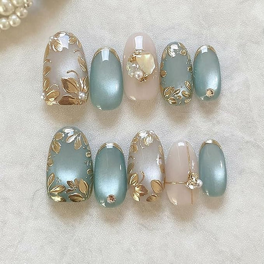 24Pcs Gold Flower Press on Nails Short Square Blue Fake Nails Gilded Floral with Rhinestones Glitter Designs Full Cover Cute Stick on Nails Spring Summer False Nails for Women Girls Acrylic Nails
