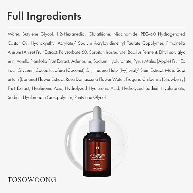 TOSOWOONG Glutathione Serum with 20,000ppm Glutathione, Niacinamide and hyaluronic acid, Dark Spot, Improve skin elasticity, Revitalize complexion, Korean Skincare, 30ml, 1.01 fl. oz.