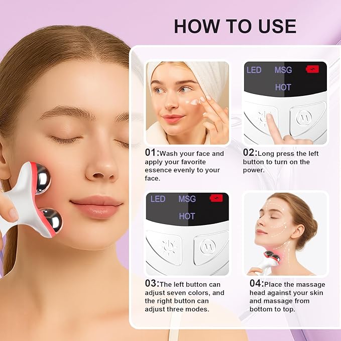 Microcurrent Facial Device, 7 Colors for Fading Fine Lines on Neck and Tightening Skin, Facial Wrinkle Removal Device, Smart Photon Micro-Current Device, White