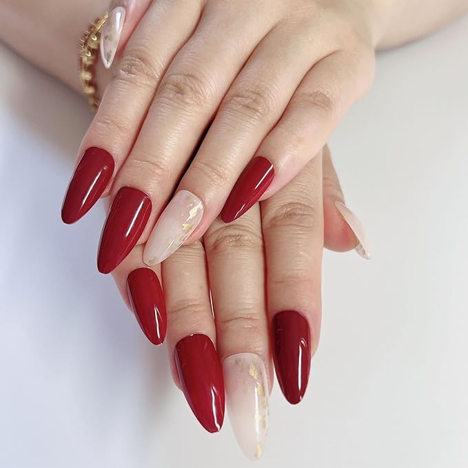 Red Press on Nails Short Almond Fake Nails Wine Red Full Cover Glue on Nails White with Gold Foil Design Acrylic Nails Glossy Stick on Nails for Women 24 Pcs