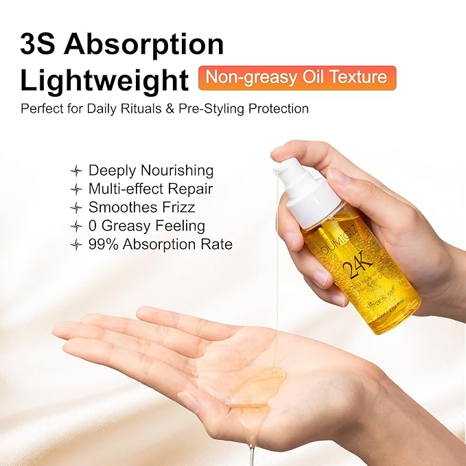 24K Gold Hair Oil Made in the UK – Repair & Shine Serum with Coconut, Argan & Olive Oils – Vegan Heat Protectant, Frizz Control for Dry, Damaged Hair (2.02 Fl Oz (Pack of 1))