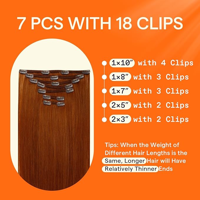 Full Shine Copper Clip in Hair Extensions Invisible Clip in Extensions for Women Light Copper Hair Extensions Triple Weft 20 Inch 7 Pcs 120 G