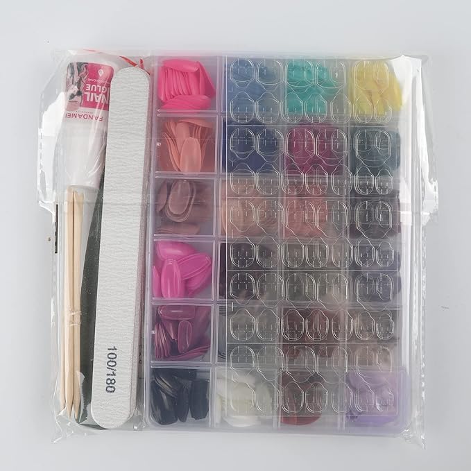 FANDAMEI Press on Nails Medium Length, 24 Pack 576PCS Glossy Medium Coffin Fake Nails Full Cover, Acrylic Short Ballerina False Nail tips with Nail Glue, Nail Adhesive Tabs, Nail File for Nail Art DIY