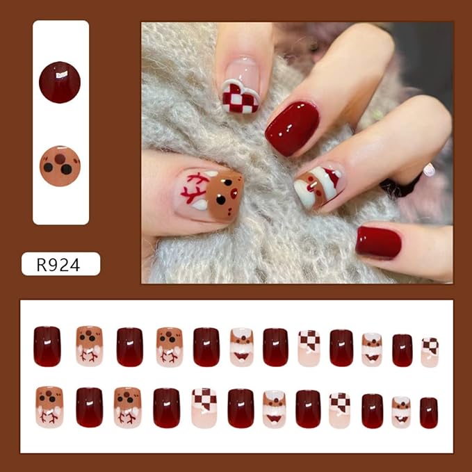 Christmas Press on Nails Short Square False Nails with Cute Elk Santa Claus Design Red Glossy Glue on Nails Full Cover Removable Artificial Stick on Nails for Women 24 Pcs