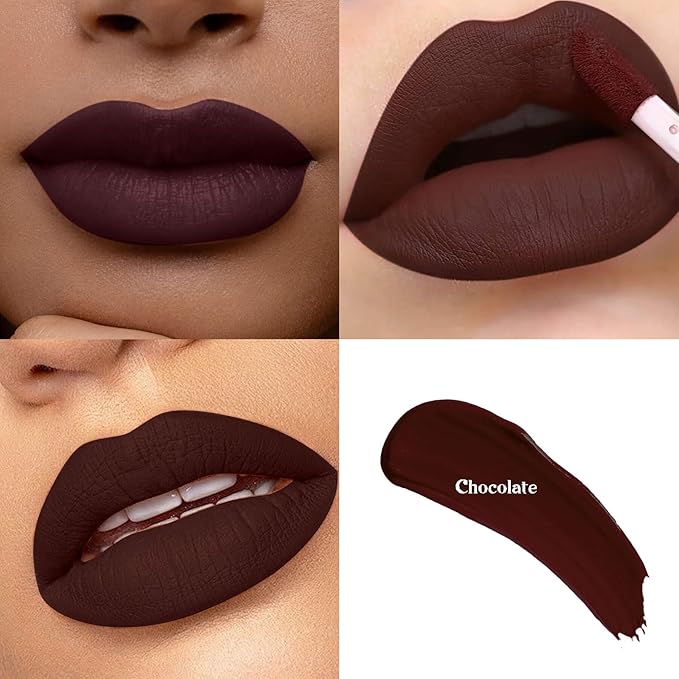 Drak Brown Matte Liquid Lipstick Stay Long Lasting, Highly Pigmented Rich Lip Colors, Smudge-Proof, Waterproof, Transfer-Resistant（Chocolate）