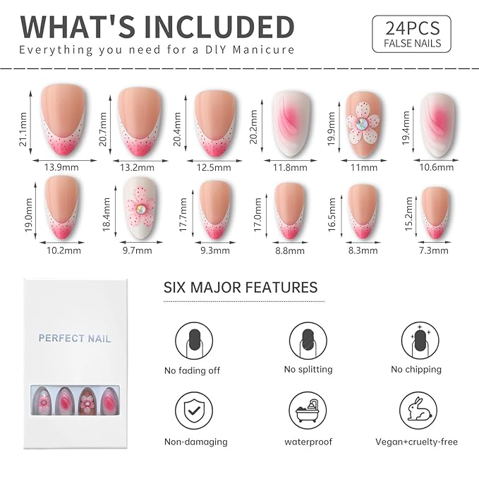 3D Flower Press On Nails Short Almond – 24PCS Pink French Fake Nails with Rhinestones, Glossy White Acrylic Stick On Nails with Glue Kit, Elegant Floral Reusable Nails for Women & Girls