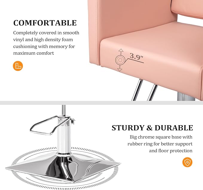 OmySalon Hydraulic Styling Chair for Hair Salon, Modern Pink Hairdressing Barber Chair w/Square Base & Footrest, 360 Degrees Swivel, Beauty Spa Equipment