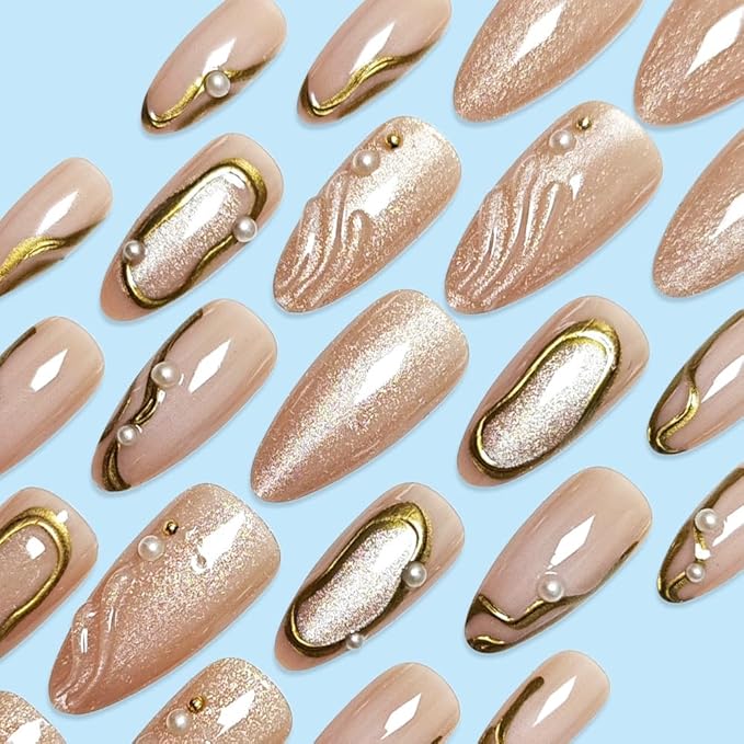 Press on Nails Almond Fake Nails Cat Eye False Nails with Gold Line Design Nude Glue on Nails Press ons Medium 3D Acrylic Nail Glossy Full Cover Stick on Nail for Women Manicure 24Pcs