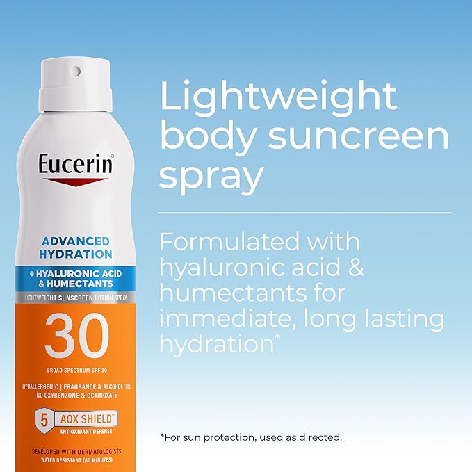 Eucerin Advanced Hydration SPF 30 Sunscreen Spray, Lightweight Spray Sunscreen with Hyaluronic Acid and Humectants, Hypoallergenic, Fragrance and Alcohol Free, 6 Oz Bottle