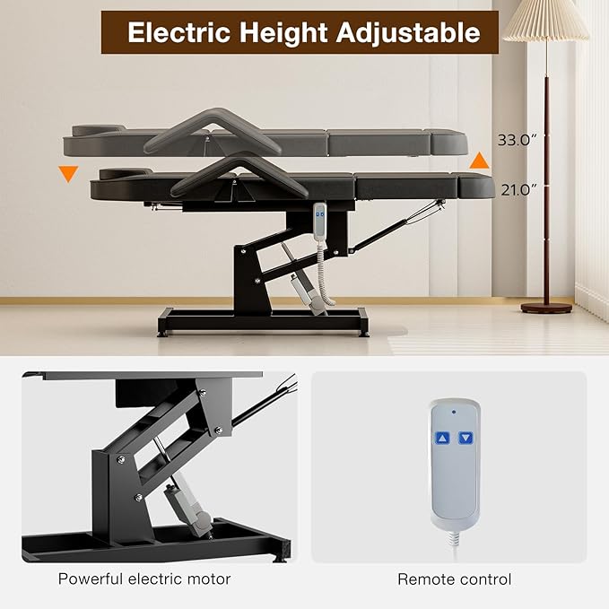 SyyBhb Electric Height Adjustable 21'' - 33'' Massage Table, 73'' - 79'' Length Adjustable Tattoo Chair for Tall Clients, Electric Esthetician Bed 3-Section Folding 440lbs, Black