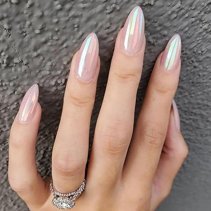 Medium Press on Nails Aurora Almond Fake Nails Chrome False Nails with Soft Gel Glue on Nails Purple Pink Sparkly Acrylic Nails Full Cover Glossy Nails Decorations