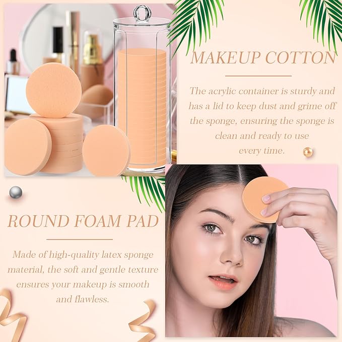 Dandat 20 Pcs Round Makeup Sponge with Acrylic Container Compact Powder Puff Cosmetic Sponge Round Foam Pad Beauty Face Makeup Foundation Powder Blender for Wet and Dry Dual Use(Skin Color)