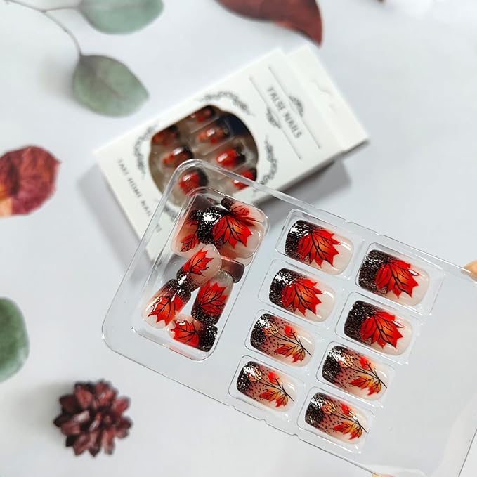 Fall Press on Nails Square Fake Nails with Black Glitter French Designs Autumn Leaves Artificial Nail Medium Fall Nails Press ons Glossy Glue on Fingernails Acrylic False Nails for Women 24Pcs